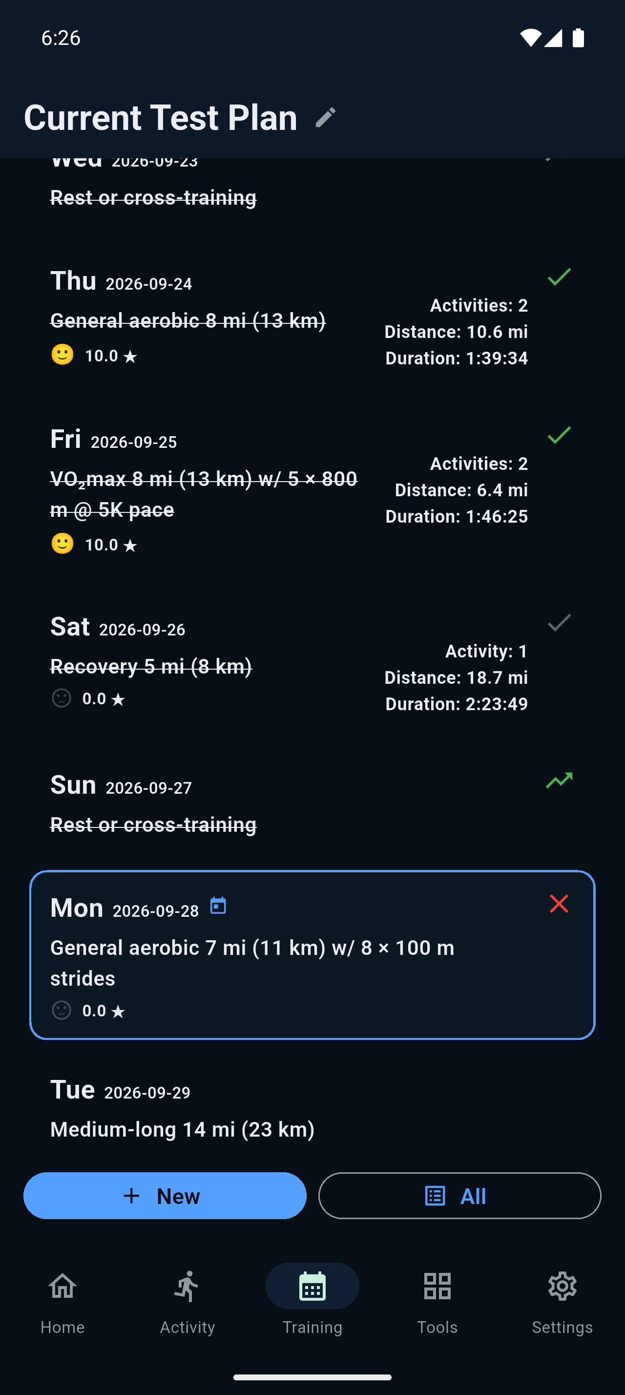 OwnRun training plan screen