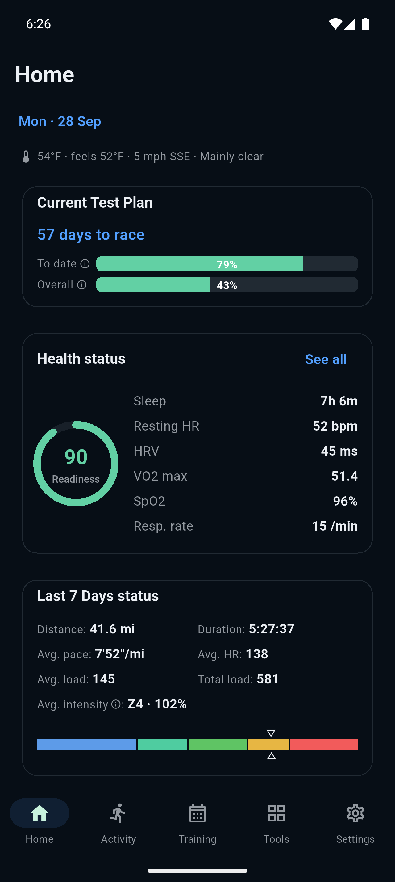 OwnRun today screen with the day's session
