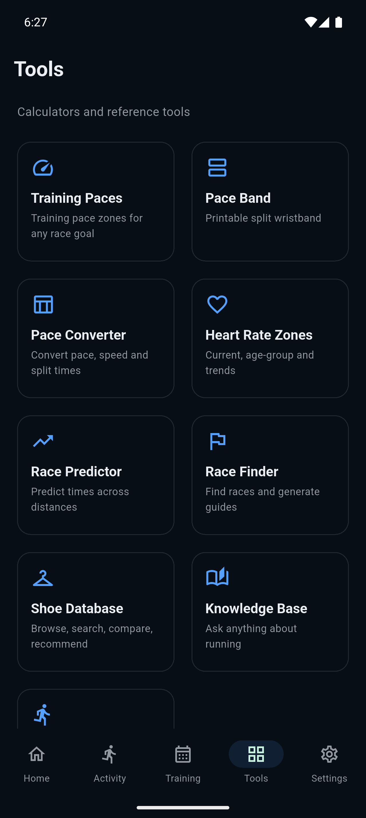 OwnRun tools screen with pace bands